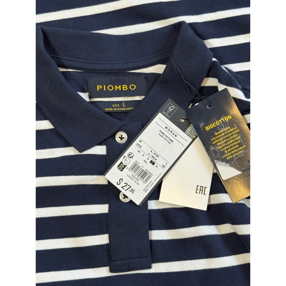 Piombo Navy White Striped Polo Shirt Women's Large Cotton Short Sleeve NWT Top - Picture 9 of 9